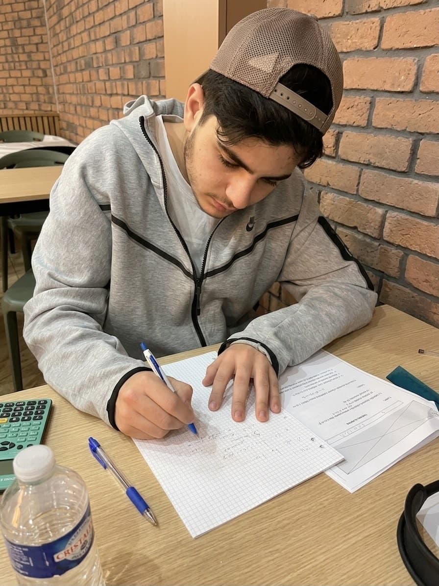Un élève penché sur son cahier, en train de rédiger un exercice