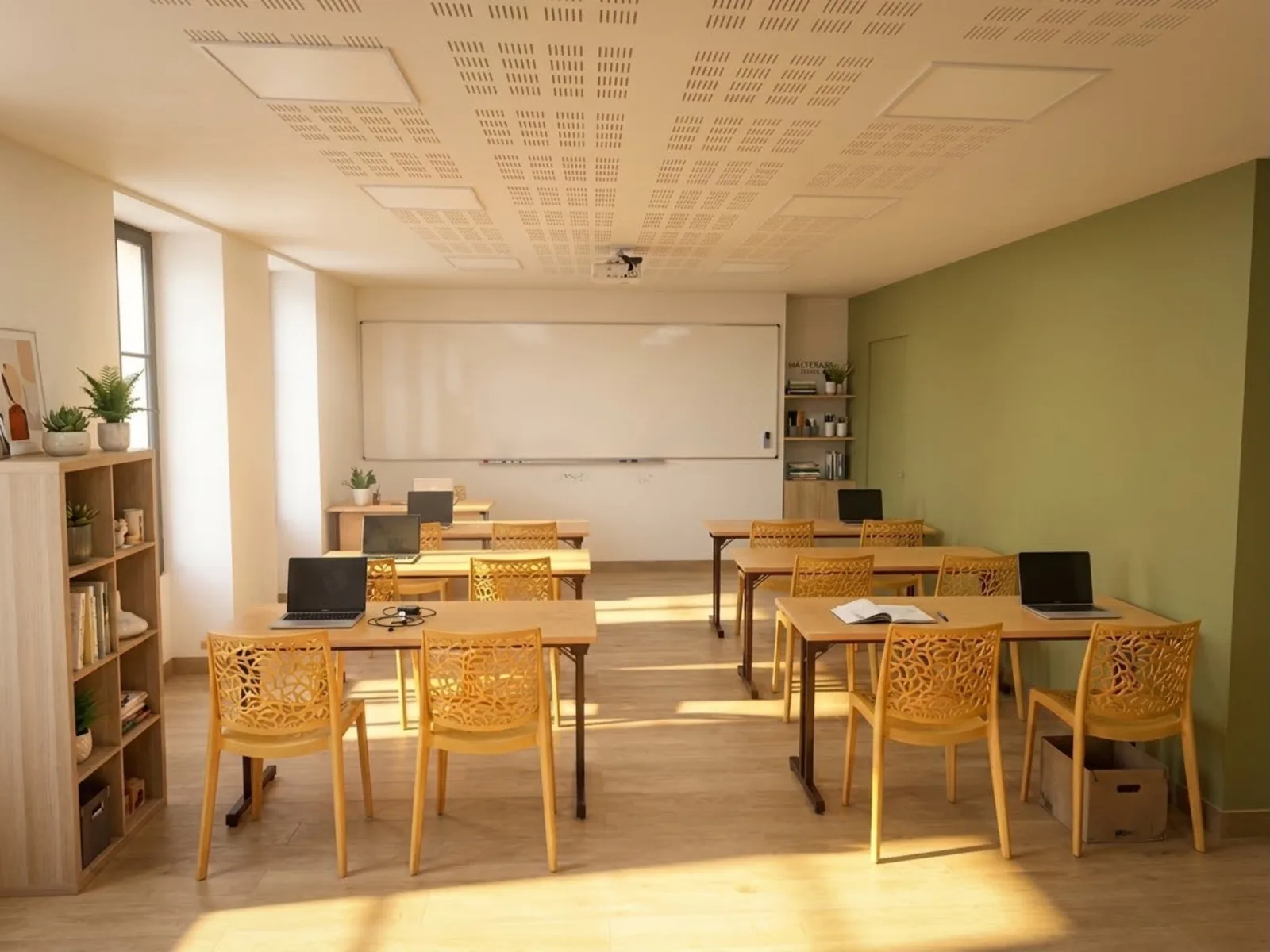 Salle de cours Assia : tableau blanc, tables individuelles et lumière du jour
